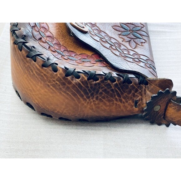 Vintage Mexican Leather Bag SIOUX Tooled Floral Boho Hippie Shoulder Crossbody - Picture 8 of 12
